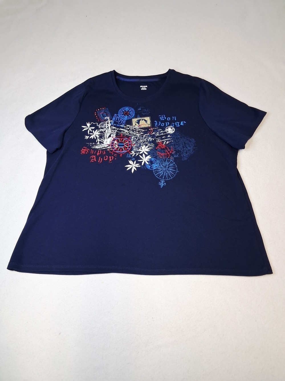 Alia Navy Short Sleeve Tee with Nautical Graphic